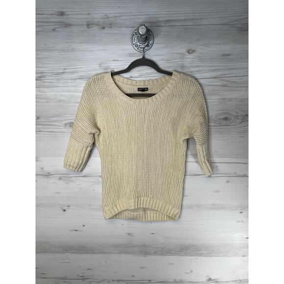 Express Sweater Womens XS Cream Merino Wool Blend Knit Elbow Sleeve Crewneck - Picture 1 of 8